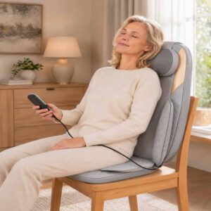 Femme utilisant un siège massant shiatsu et thaï sur une chaise