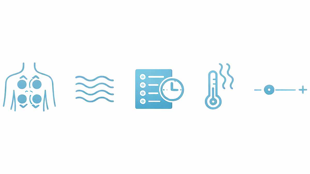 Icônes des fonctions : zones de massage, vibrations, programmes, chaleur et intensité