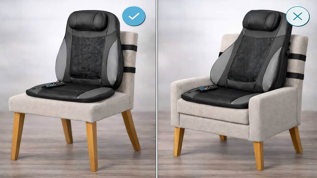 Installation recommandée sur chaise sans accoudoirs, déconseillée sur fauteuil avec accoudoirs