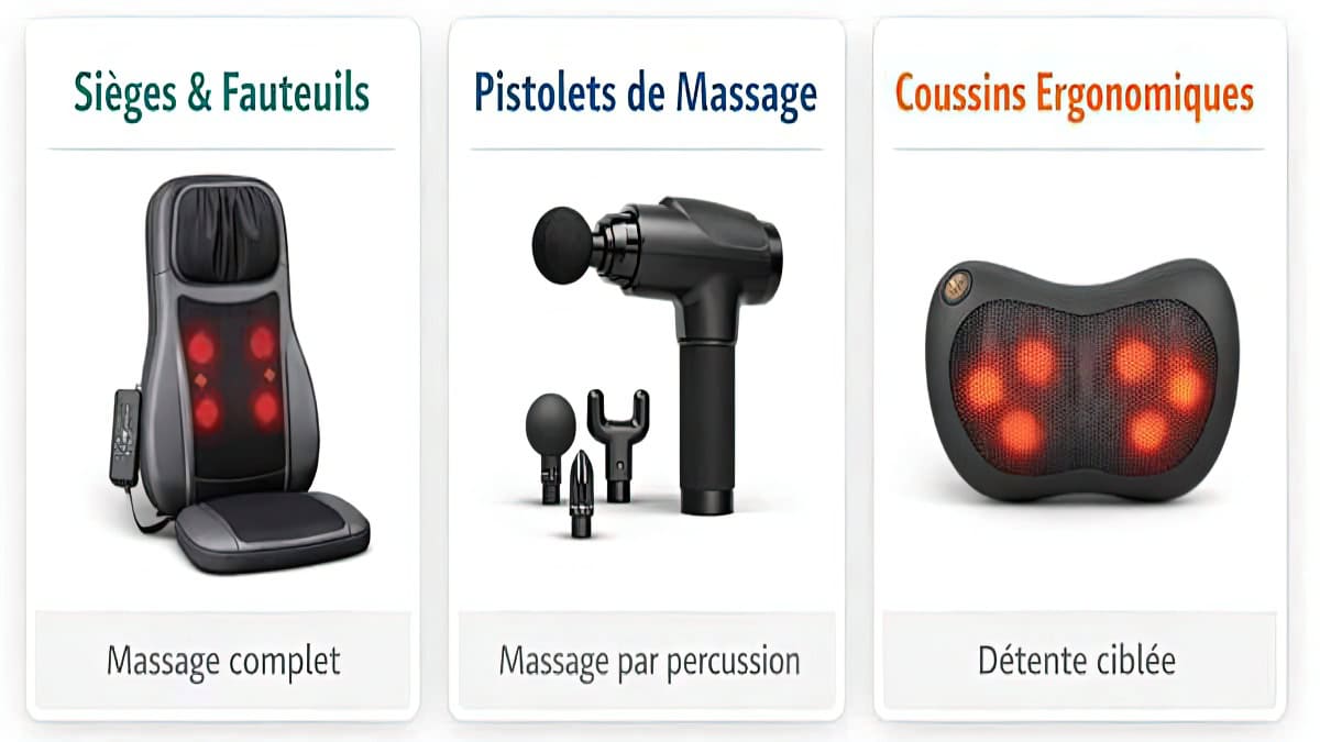 Principaux types d’appareils de massage : sièges, pistolets et coussins