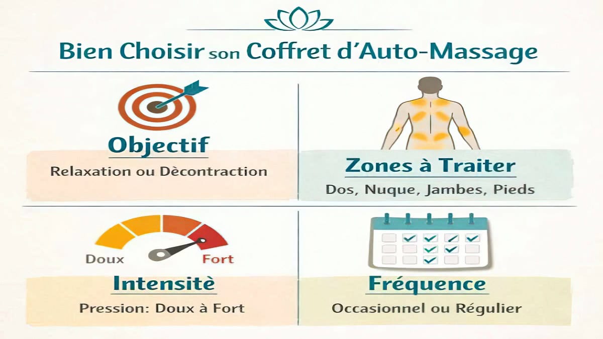 Infographie : 4 critères pour choisir un kit d’auto-massage (objectif, zones, intensité, fréquence)