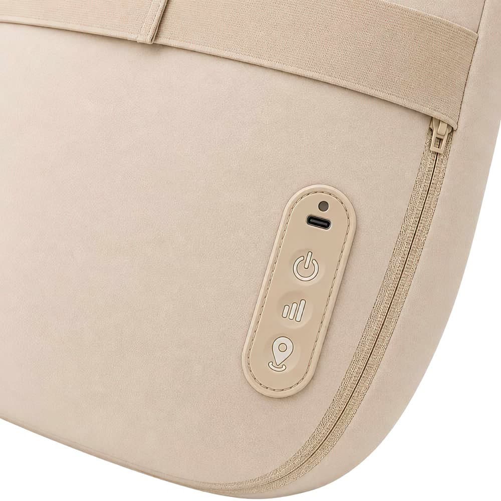 Gros plan sur les commandes et le port USB-C du coussin de massage
