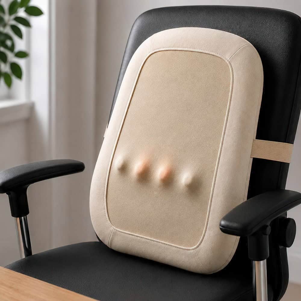 Coussin de massage installé sur le dossier d’une chaise de bureau