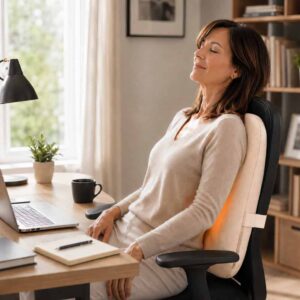 Femme utilisant un coussin massant pour le dos sur une chaise de bureau