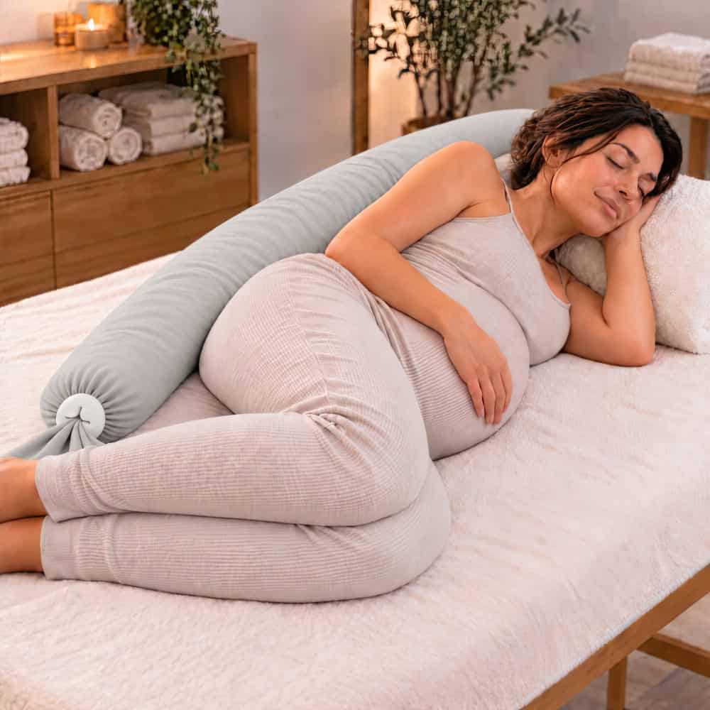 Coussin de grossesse soutenant une femme enceinte allongée sur le côté